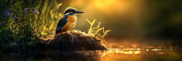 Poster - Kingfisher perched on riverbank at sunset.
