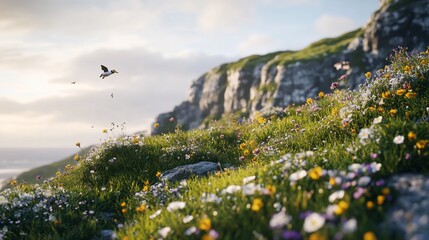 Aufkleber - Bird flying over vibrant wildflowers blooming on a mountainside at sunrise.