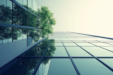Poster - Low angle view of modern glass skyscraper with a tree growing on its side, symbolizing sustainability and environmental responsibility.