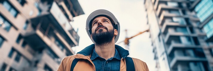 Poster - A construction worker looks up at modern buildings, contemplating a project.