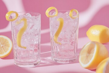 Poster - Two glasses of ice water with lemon zest and lemon slices on a pink background.