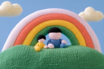 Wall Mural - Hand-knitted rainbow with children playing on the woolen arch, surrounded by pastel skies, fluffy yarn clouds, and soft yarn grass, magical and playful, super detailed.