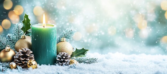 Poster - Teal candle with ornaments, pine cones, and holly on snow.