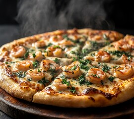 Poster - Steaming hot shrimp pizza with melted cheese and fresh herbs on a wooden board.