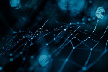 Fototapete - Close-up of a spiderweb at night, illuminated by bokeh lights, showcasing intricate details and a dark blue tone.
