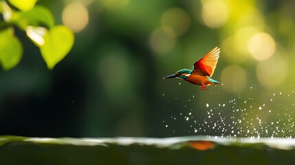 Aufkleber - Kingfisher in flight, diving into water, splashing, vibrant colors, sunlight, bokeh background, green foliage.