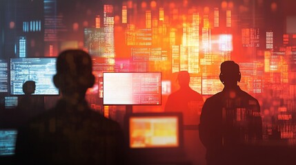 Aufkleber - Silhouetted figures working late at night in a data center, surrounded by glowing computer screens displaying complex code and data streams.