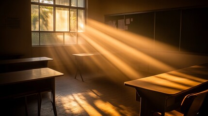 Aufkleber - Sunlight streams through a classroom window, illuminating dust motes in the air and desks.