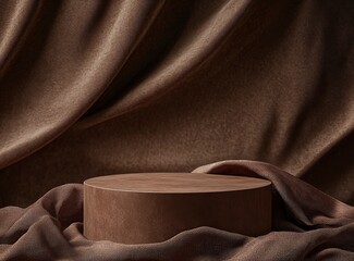 Minimal abstract background with brown fabric and wooden podium for product presentation, mock-up scene. Background design for cosmetic products. Studio photography effect. High resolution. brown