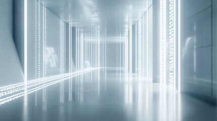 Poster - Futuristic white corridor with glowing lines and reflective floor.