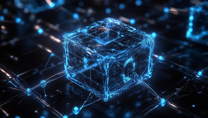 Fototapete - Glowing blue digital cube connected to network.