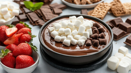 Poster - Delicious chocolate dip with marshmallows and fresh strawberries