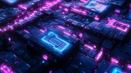 Aufkleber - Abstract digital circuit board with glowing neon pink and blue lines.