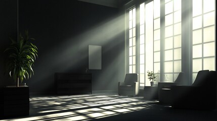 Aufkleber - Sunbeams illuminate a dark room with large windows, two armchairs, a plant, and a dresser.