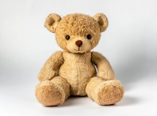 Wall Mural - Photo of a cute teddy bear sitting on a white background, facing the camera. 