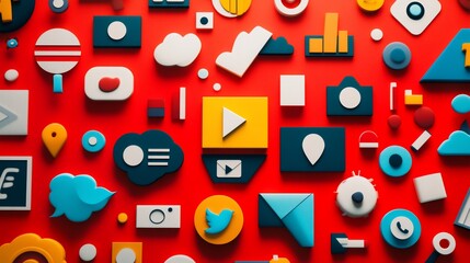 Aufkleber - Colorful 3D icons representing social media, technology, and communication on a red background.