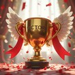 © NgoHong - Golden victory trophy with wings and red confetti.