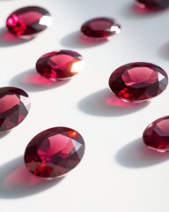 Aufkleber - Collection of oval-shaped, dark red gemstones arranged on a white surface, showcasing their brilliance and facets under soft light.
