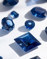 Aufkleber - Collection of various sizes and shapes of blue gemstones on white background.