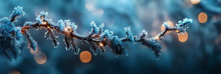 Poster - Frosty winter branch with bokeh lights.