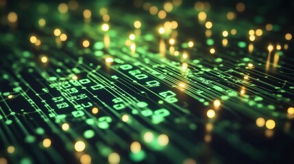 Fototapete - Abstract green digital circuit board with glowing nodes.