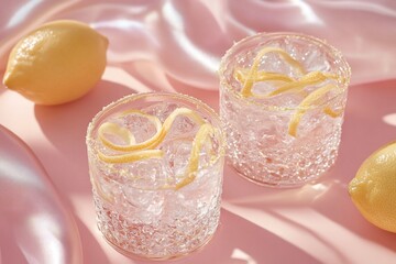 Aufkleber - Two glasses of lemon water with ice and lemon zest on pink silk background.