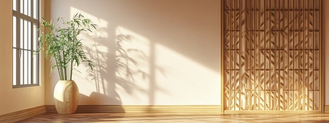 Minimalist interior, sunlit room, wooden floor, large windows, potted plant, bamboo curtain, warm tones, shadow play, zen atmosphere, empty space, natural light, modern design, clean lines, tranquil s