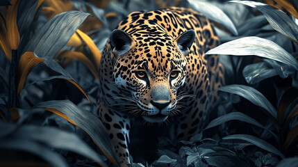 Wall Mural - A sleek jaguar prowling through a dense jungle, its body dissolving into patterns of leaves and shadows, representing stealth and the harmony of predator and environment.  