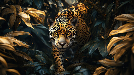 Wall Mural - A sleek jaguar prowling through a dense jungle, its body dissolving into patterns of leaves and shadows, representing stealth and the harmony of predator and environment.  