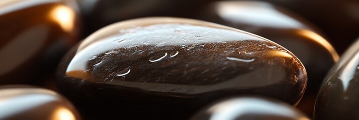 Poster - Close-up of smooth, dark brown polished stones, reflecting light.