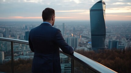 Wall Mural - Contemplative Businessman on City Rooftop at Sunset