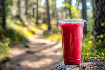 Sticker - Red smoothie in plastic cup sits on a rock on a forest trail.