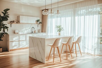 Poster - Sunlit modern kitchen with marble island, white cabinets, wooden floor, and sheer curtains.