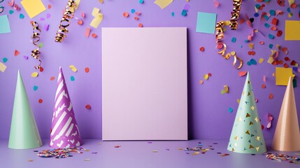 Poster - Blank card surrounded by colorful party hats, confetti, and streamers on purple background.