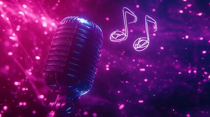 Aufkleber - Retro microphone with neon music notes on vibrant pink and purple background.