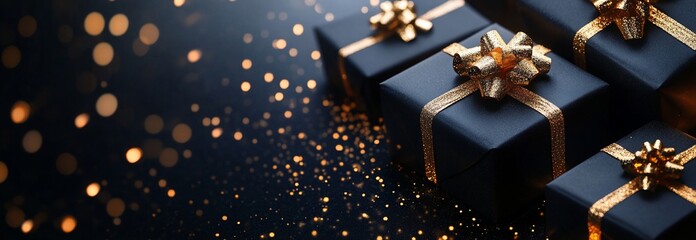Poster - Elegant black gift boxes with gold ribbons on dark background with bokeh lights.