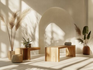 Poster - Minimalist interior with wooden benches, plants, and arched wall, sunlit.