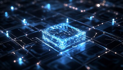 Aufkleber - Glowing blue cube on a circuit board, representing digital technology and data processing.
