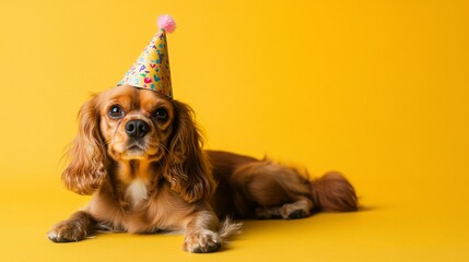 Wall Mural - Cute Cavalier King Charles Spaniel dog wearing a party hat on a yellow background.