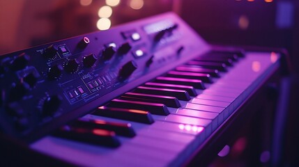 Poster - Close-up of a synthesizer keyboard illuminated in purple light.