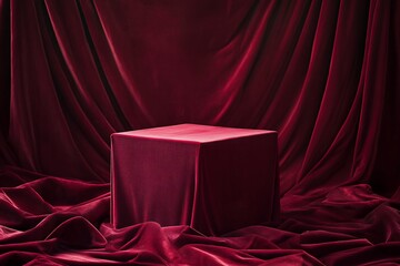 Poster - Red velvet cube on draped fabric backdrop.