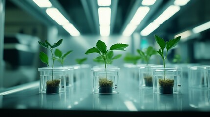 Poster - Young plants growing in transparent containers under artificial light in a laboratory setting.