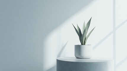 Aufkleber - Minimalist indoor scene with a potted snake plant on a white pedestal against a light blue wall.