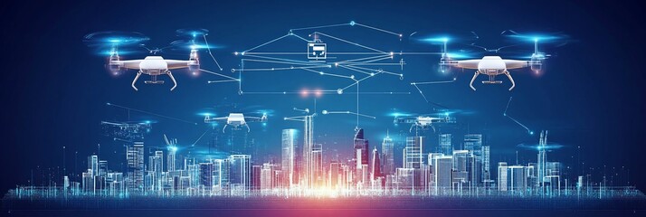 Poster - Drones delivering packages over futuristic cityscape at night.
