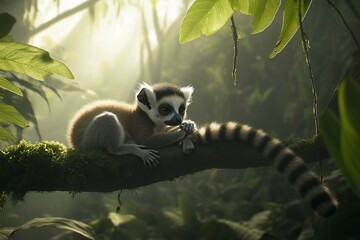 Sticker - A ring-tailed lemur sits on a mossy branch in a sun-dappled rainforest.