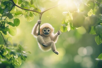 Poster - Adorable baby gibbon monkey hanging from a tree branch in a lush green forest, sunlight streaming through leaves.