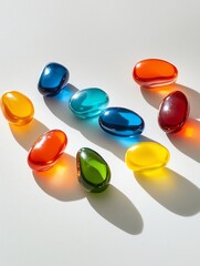 Poster - Colorful translucent pebbles arranged on a white background, casting shadows.