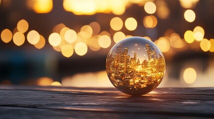 Aufkleber - Cityscape reflected in a crystal ball at sunset.