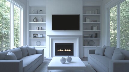Poster - Modern living room with fireplace, sofas, and built-in shelves.