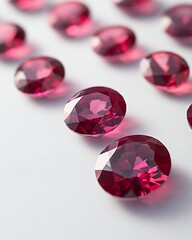 Aufkleber - Close-up of several vibrant, round, red gemstones arranged on a white background.